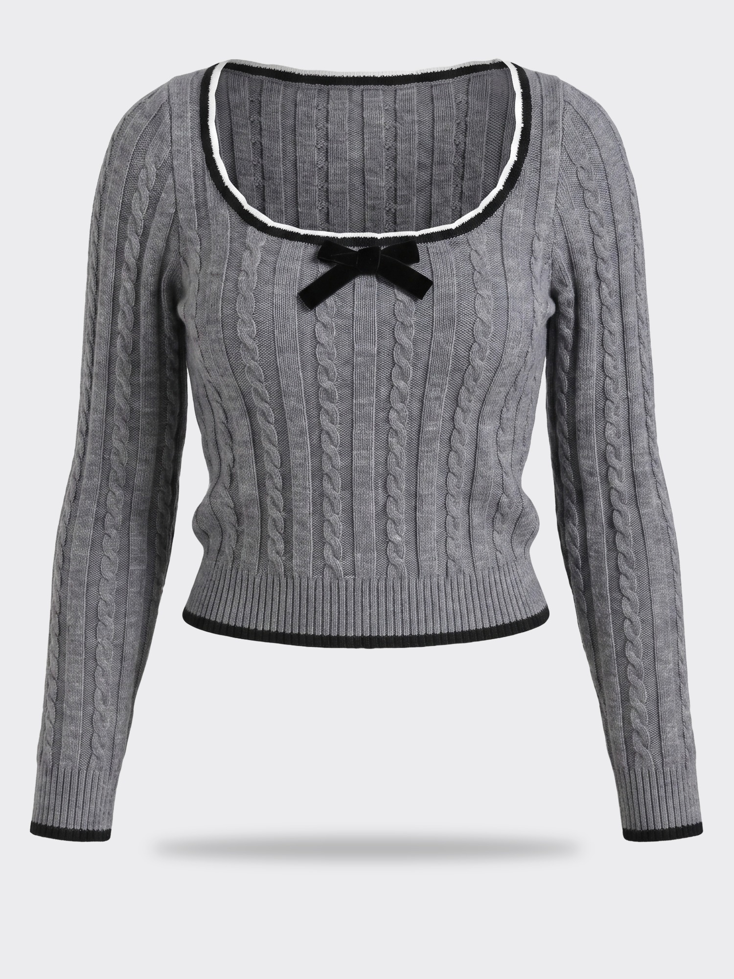 Blue Blush LS Cable Sweater W Velvet Bow